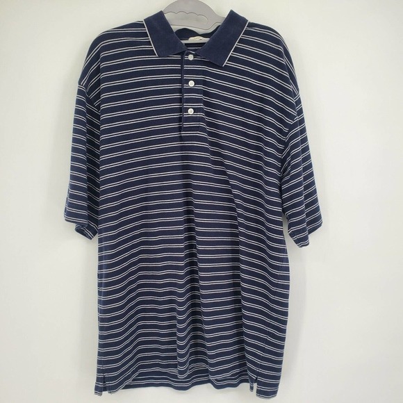 Cutter & Buck Large 1/4 Button Short Sleeve Polo Shirt Navy Blue Striped - Picture 2 of 9